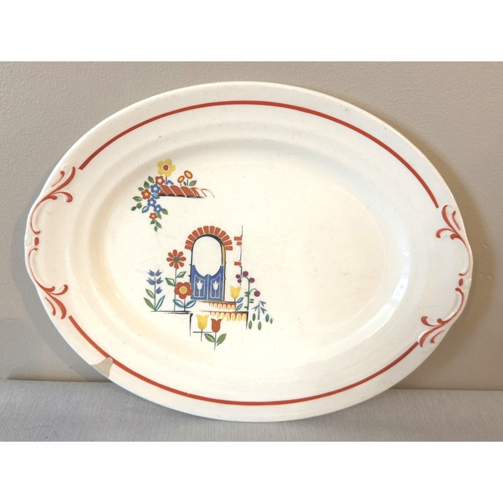Vintage 1940s Crown Ivory 336 Platter - 11" x 8 3/4" - Nice Floral Garden Design